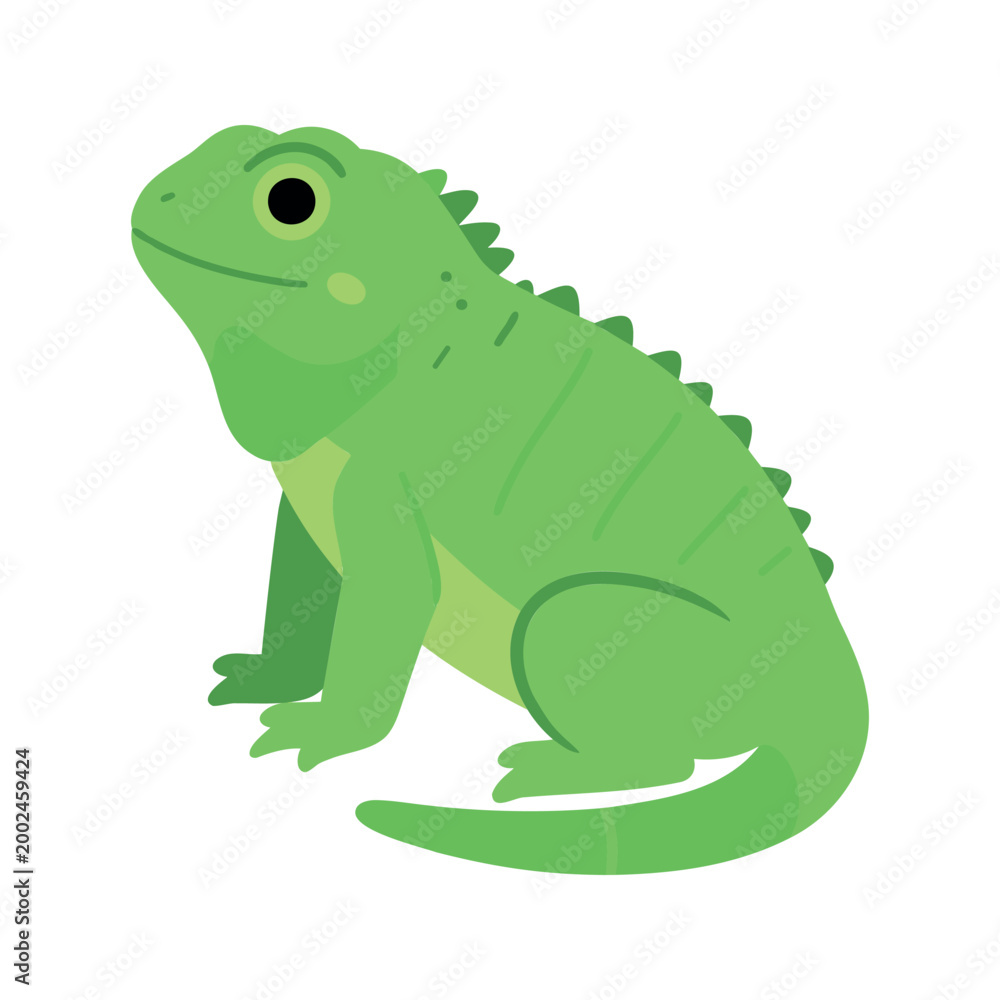 Fototapeta premium Illustration of a green iguana lizard sitting and looking to the side on a white background