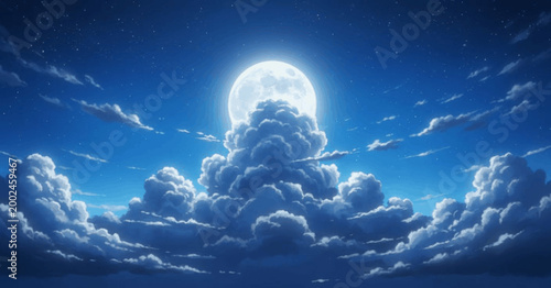 Bright Full Moon Over Dramatic Cumulus Clouds at Night, Cinematic Anime Style Sky Background with Twinkling Stars