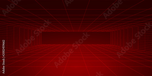 Red Glowing Cyber Wireframe Grid Background With Laser Lines. Retro Futuristic Perspective Game Backdrop For Posters, Banners, Wallpapers. Vector Illustration.