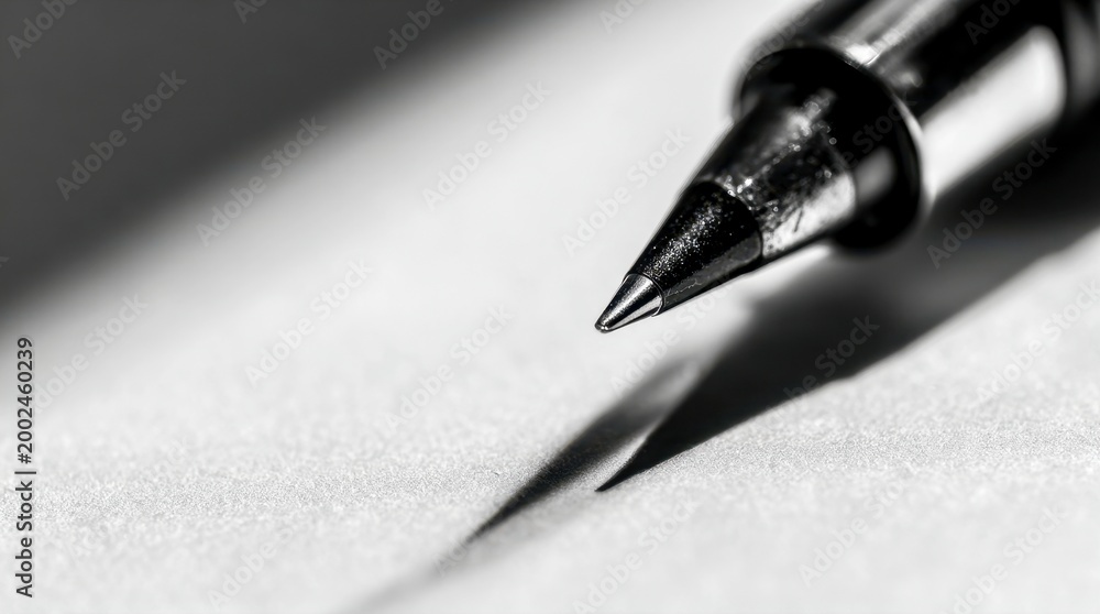 Fototapeta premium Detailed macro shot of a pen tip casting a sharp shadow on textured white paper symbolizing precision and writing creativity in monochrome tones