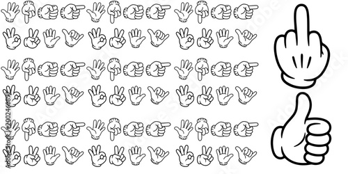 Cartoon Gloved Hand Gestures Set Featuring Various Communication Symbols and Retro Animation Icons