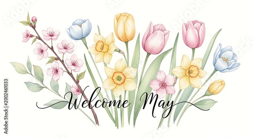 watercolor may flowers bouquet with welcome greeting spring illustration