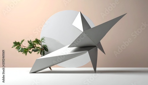 Geometric sculpture, silver tones, origami-inspired, circular backdrop, green foliage