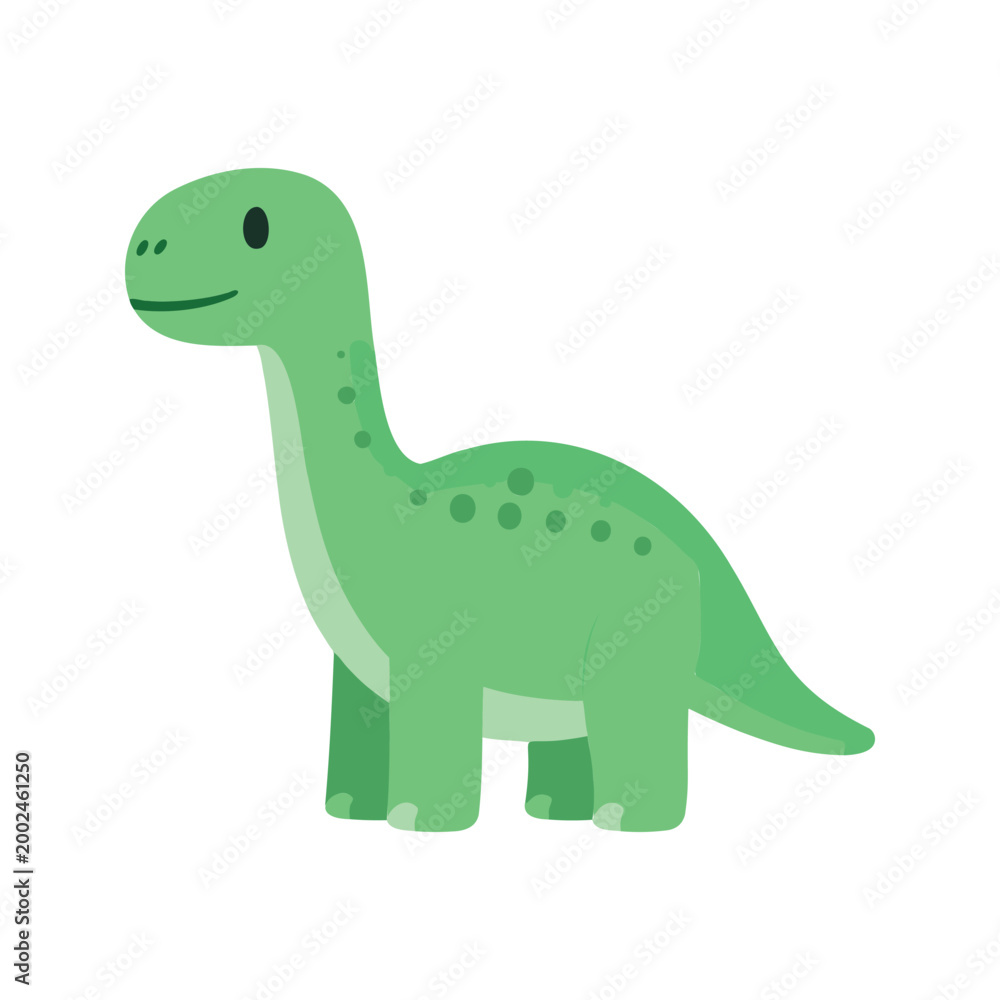 Obraz premium Cute green apatosaurus with dark green spots standing on a white background