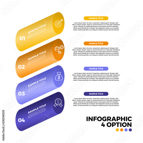 Tube vector list infographic with 4 step options for visual presentations or business reports. Vector eps