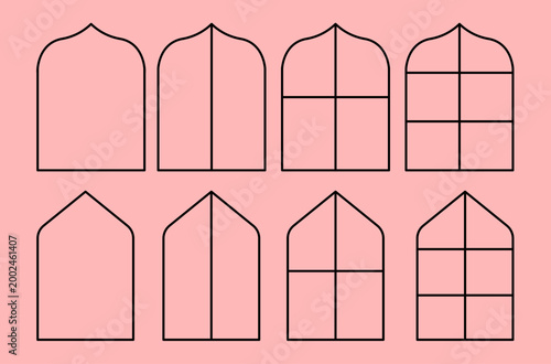 Minimalist vector illustrations of eight distinct window and arch shapes, featuring rounded and pointed tops with multiple pane options.