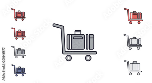 Luggage cart illustration suitcases and trolley in various color variations