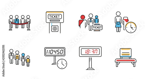 Set of illustrative icons depicting waiting queuing and time concepts