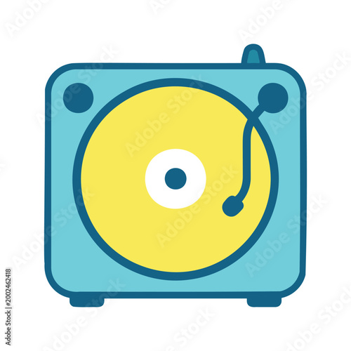 Turntable playing record in light blue and yellow color scheme on white background