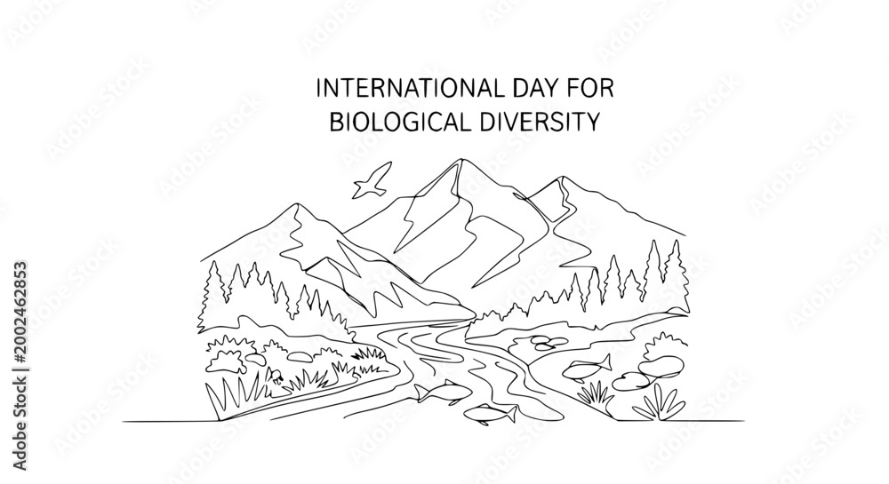 Naklejka premium International Day Biological Diversity: Mountains, River, Forest, Wildlife, Ecosystem