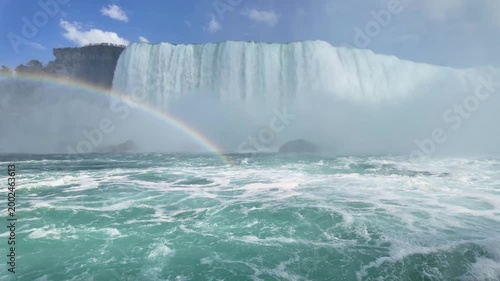 View of rainbow over Niagara Falls from Niagara River