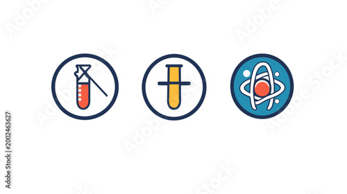 Free Download Three circular, colored icons beaker with red liquid and stirring rod, test tube, and an atom - GFXLoad