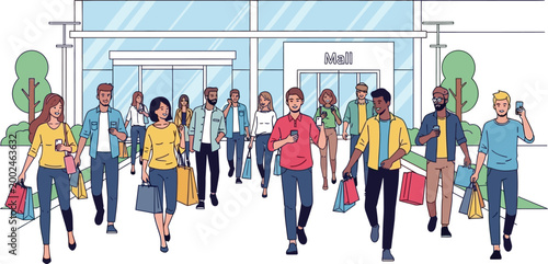 Group of diverse people shopping and walking outside the mall.