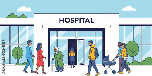Group of diverse people walking in front of a hospital building entrance.