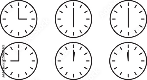 Art & Illustration, Wall clock time zones set showing different hours for global business scheduling.