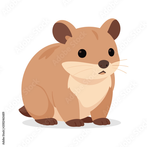 A cartoon hamster with tan fur and black eyes sits in an upright position, staring attentively, with a curious expression on its face.