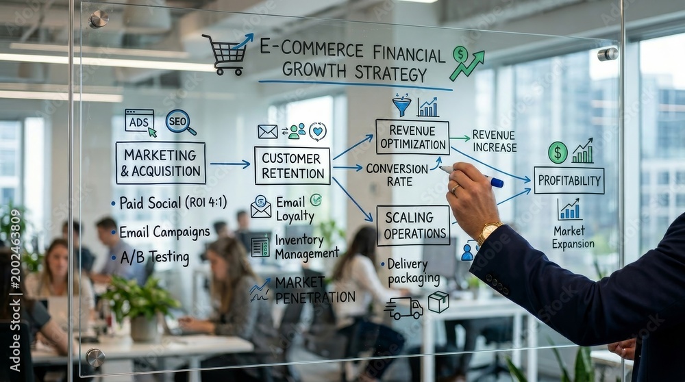 Fototapeta premium Business Person Drawing E-commerce Growth Strategy on Glass Board
