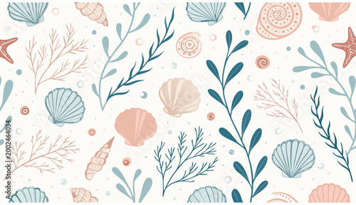 Seashells and seaweed on surface.