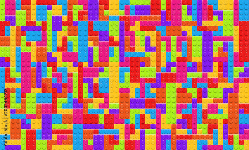 Fototapeta premium Realistic multicolor Lego plastik constructor background. Play and build concept. Vector editorial illustration