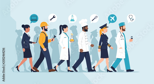 Group of diverse professionals walking together representing different occupations.