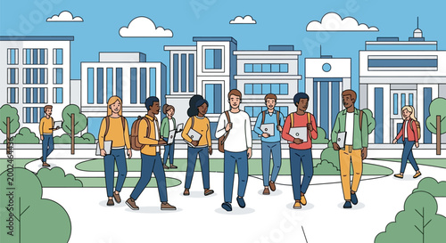 Group of diverse university students walking together on campus.