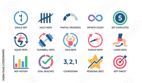 Exercise icons showing rep types and progress on white