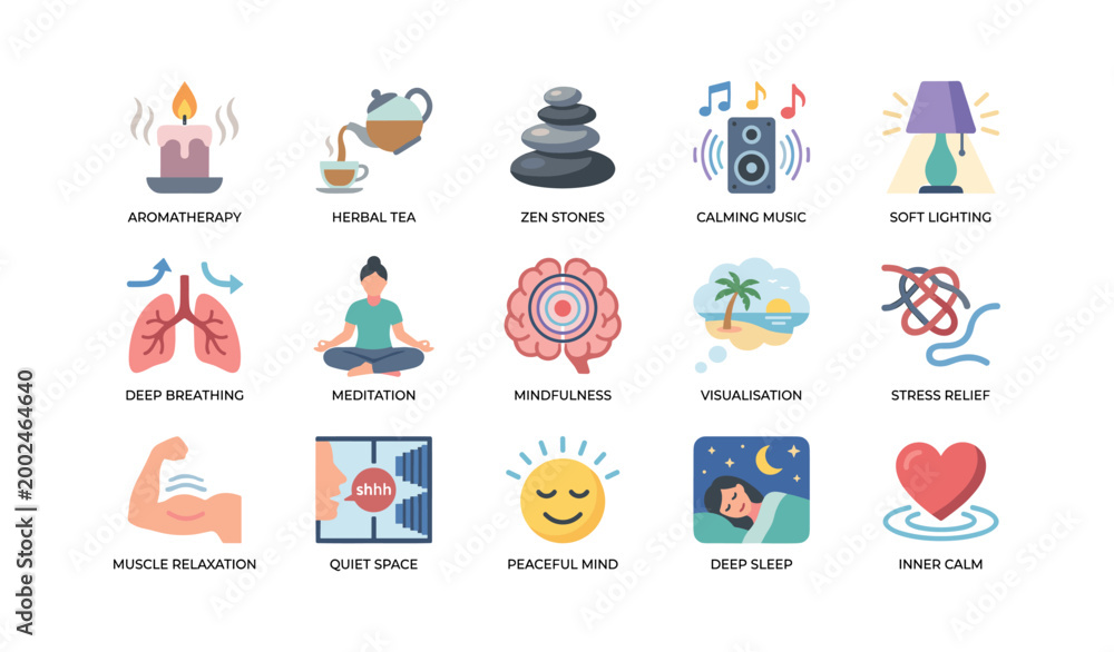 Fototapeta premium Wellness icons illustrating relaxation techniques on white background