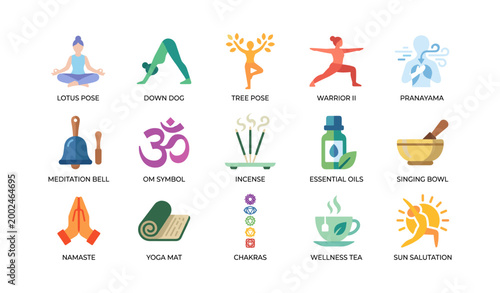 Yoga and wellness icons showing poses and items on white