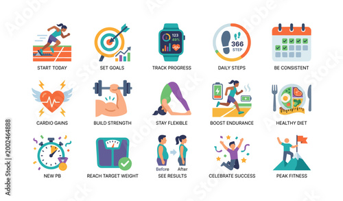Fitness and wellness icons depicting goals and progress tracking