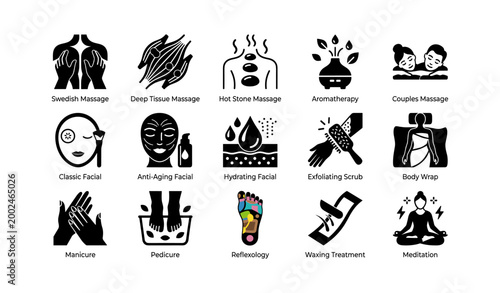 Spa and wellness service icons as black silhouettes on white