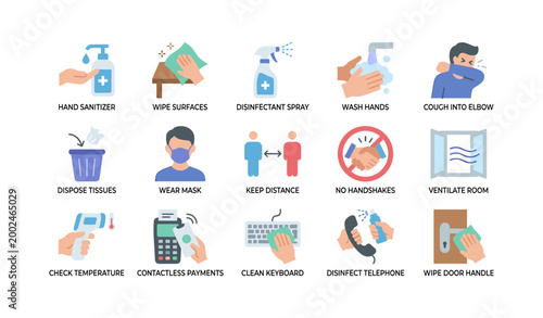 Hygiene and disinfection practice icons displayed on white background