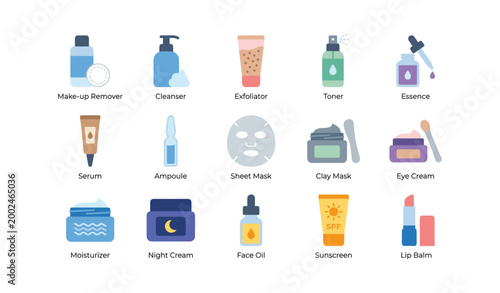 Skincare and cosmetic product icons displayed on white background