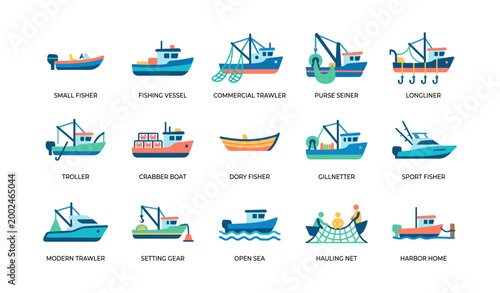 Various fishing vessels and activities illustrated in grid