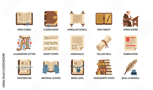 Manuscript and book preservation icons displayed on white background