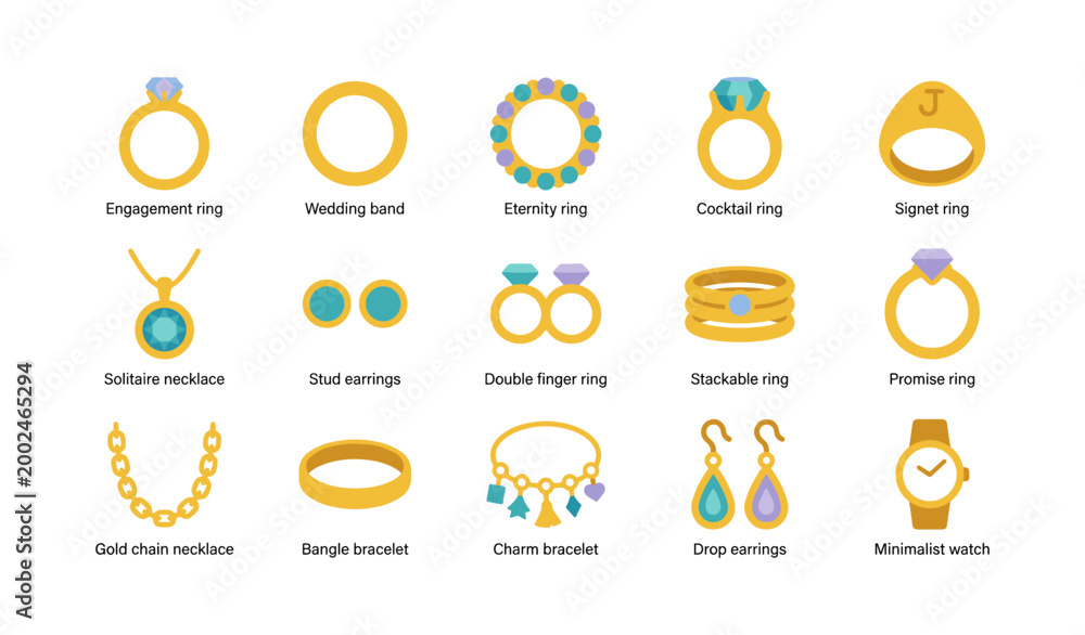 Fototapeta premium Jewelry icons arranged in grid on white presentation background