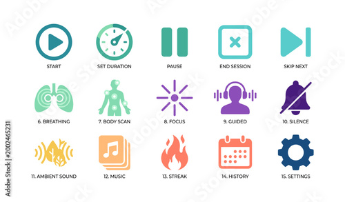 Meditation app icons showing session controls and practices