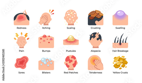 Medical skin symptom icons illustrating rash signs on white background