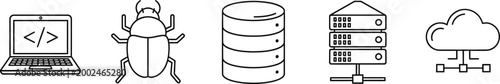 Hand drawn line icons for software development and cloud computing technology.