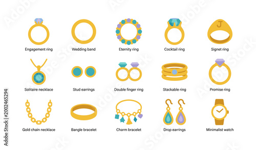 Jewelry icons arranged in grid on white presentation background
