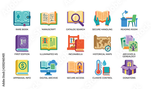Library special collection icons showing rare books and services on white