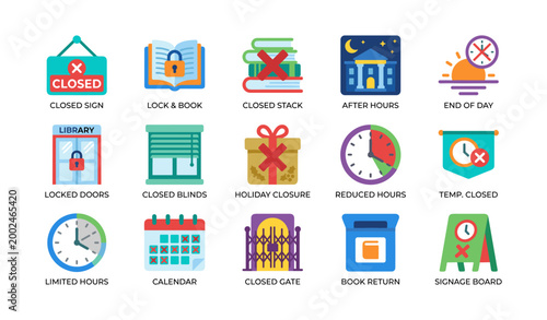 Library closure icons showing closures and hours on white background