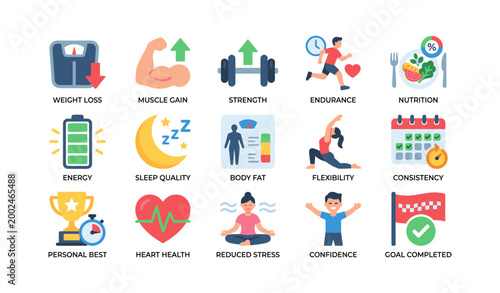 Health and fitness icons representing wellness goals on white