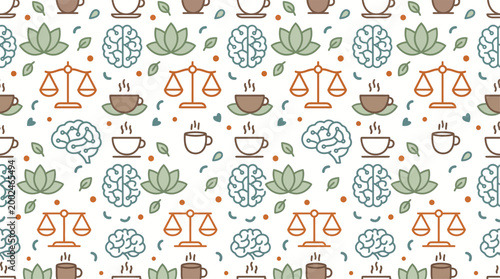Seamless pattern with brain, lotus, scales, and coffee cup icons, perfect for mindfulness backgrounds, vector.