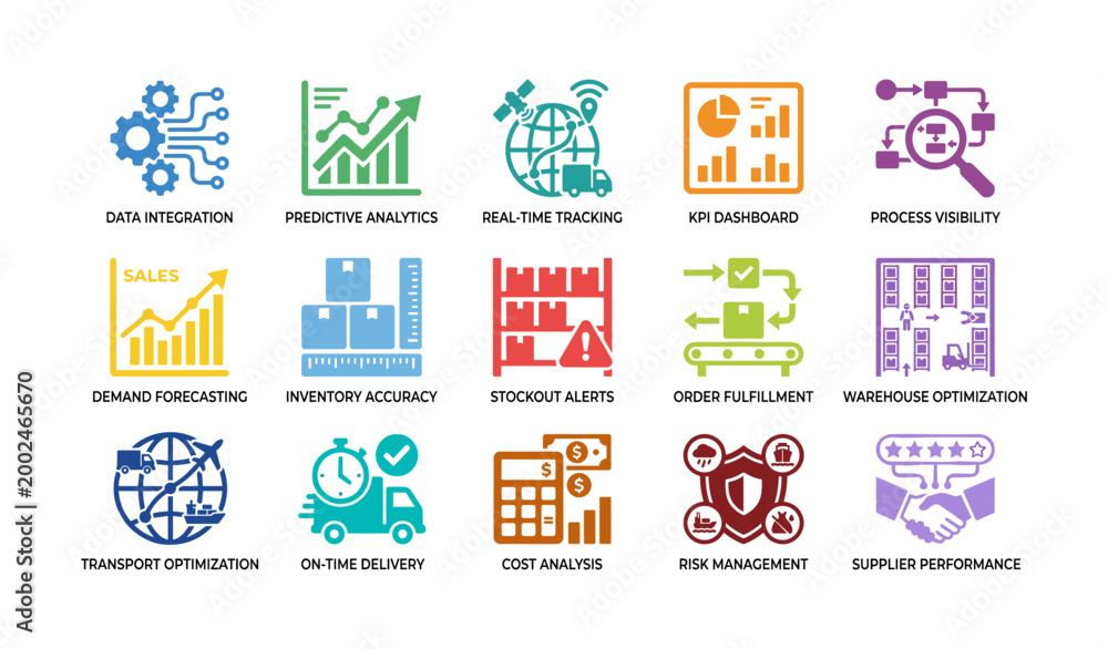 Obraz premium Logistics and analytics icon set arranged on white background