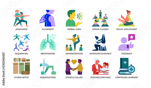 Yoga teaching and guidance icons arranged on white background
