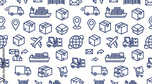 Seamless pattern featuring bold logistics boxes, cargo ships, and delivery trucks, ideal for business designs, vector.