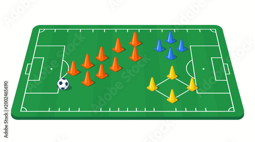 Soccer Field with Cones and Soccer Ball for Training and Practice Drills.