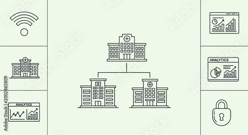 Hierarchical network structure of corporate buildings connected by data flow.