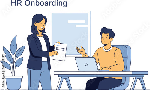 Human Resources onboarding process with a female manager and a new male employee.