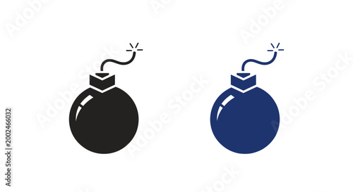 Two cartoon bombs, black and blue, with lit fuses, isolated on white background.
